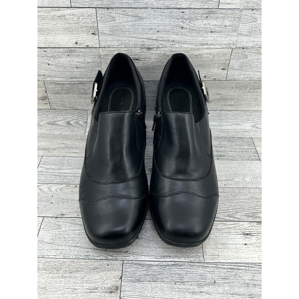 Clarks Women Black Leather Buckle Zip Block Heel Ankle Booties Sz 10M 83567